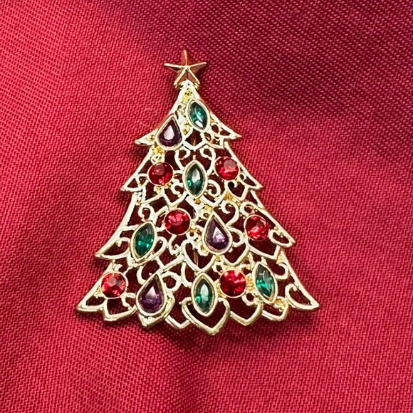VTG Liz Claiborne “A Christmas to Remember” Gold-Tone & Crystal Tree Brooch - Picture 7 of 9